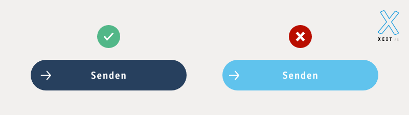 Grafik: zwei Buttons. Links die optimale, barrierefreie Ausführung, rechts eine schlechter lesbare Version.