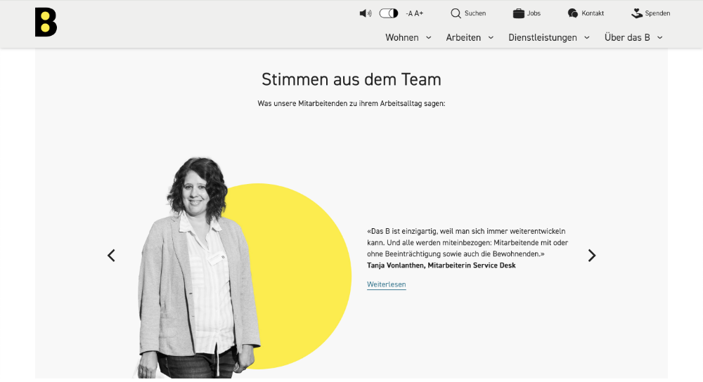 Bildschirmfoto neue Website des B. Gezeigt wird ein Mitarbeiter:innen-Zitat mit Portrait. Realisiert durch xeit
