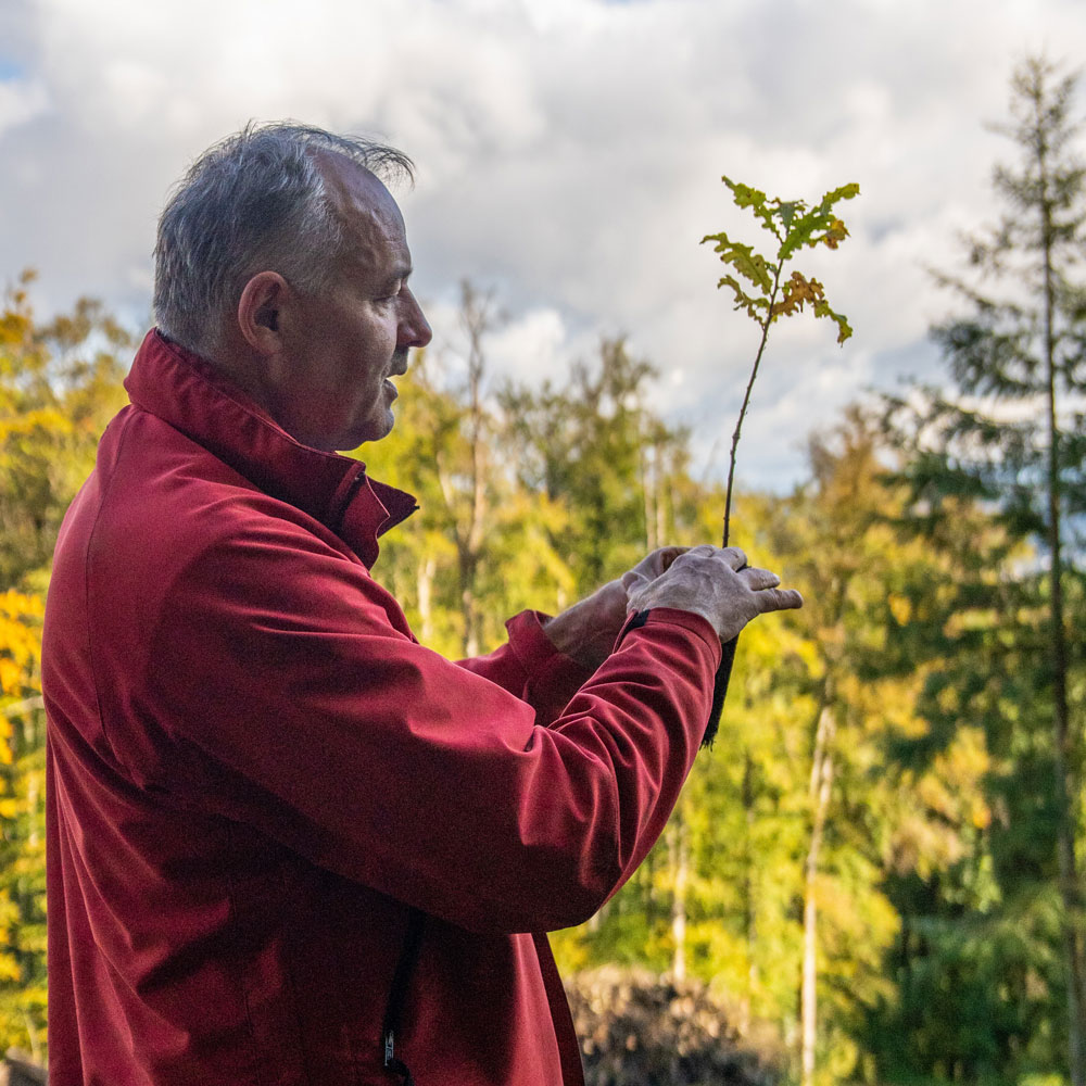 älterer Mann mit roter Jacke erklärt dem xeit Team, am Baumpflanztag, wie man einen Baum richtig pflanzt.